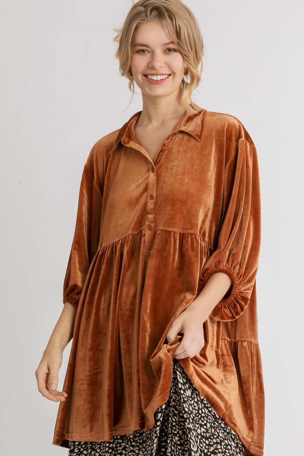 Umgee Full Size Button Down Tiered Back High Low Shirt